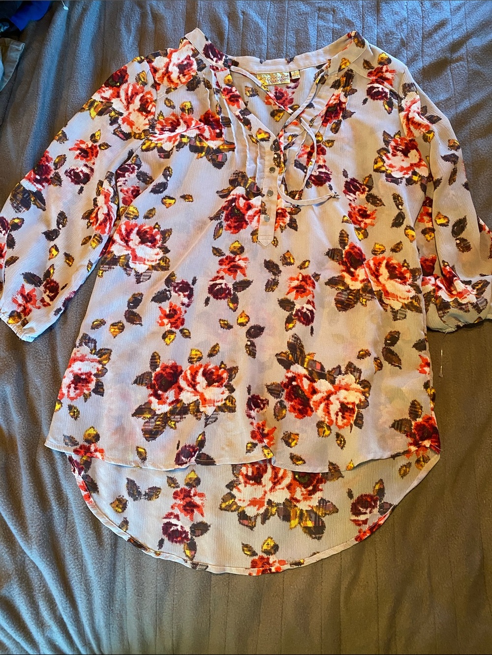 princess vera wang Cream Floral Split-Neck Tunic with Red and Pink Blooms